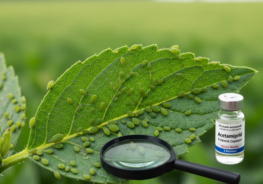 Listy s voškami a fľaša insekticídu Acetamiprid na pozadí.