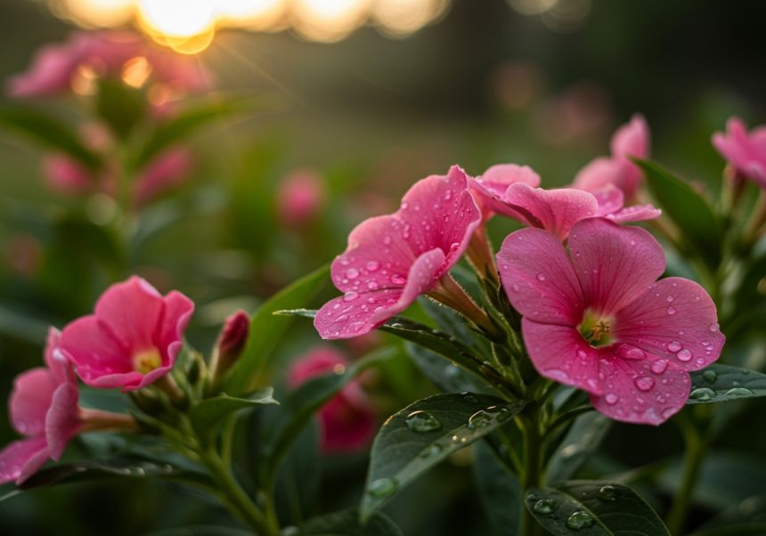 Ružové kvety Acmelly s kvapkami rosy na listoch, osvetlené slnečnými lúčmi.