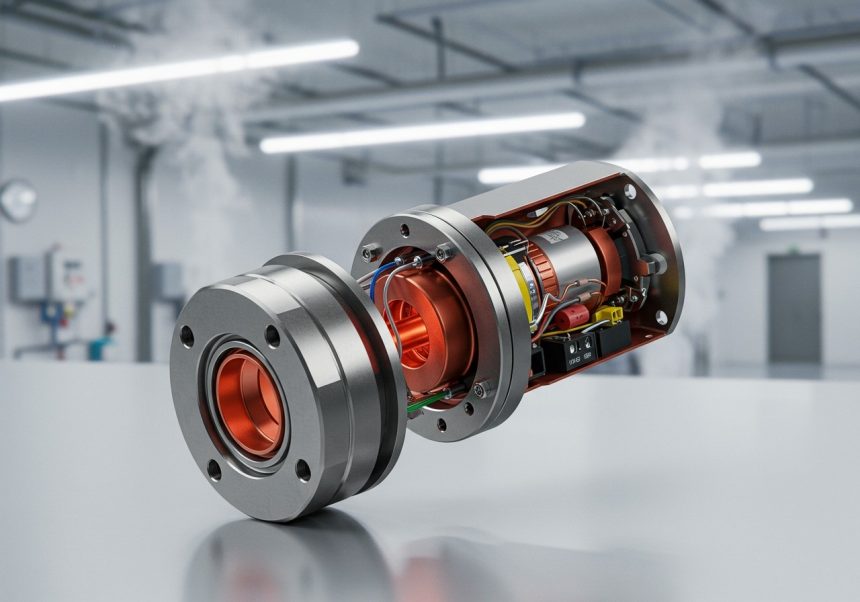 Detailný pohľad na termoelektrický ventil s odhaleným vnútorným mechanizmom.