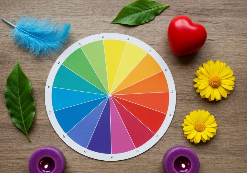 Farebný kruh obklopený kvetmi, srdcom a pierkom na drevenej doske.