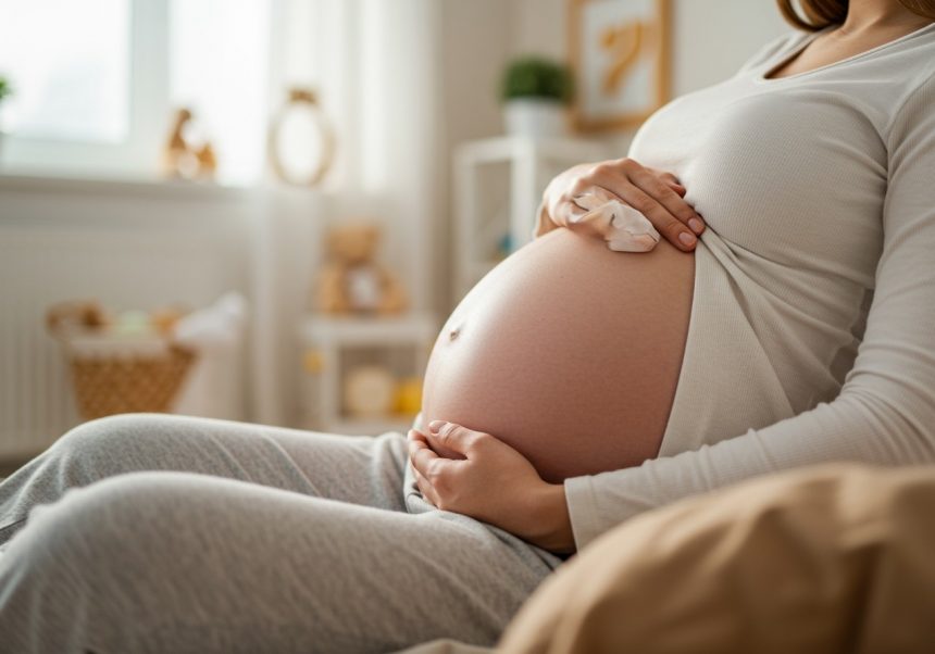 Tehotná žena sedí a jemne sa dotýka svojho brucha v útulnom prostredí.