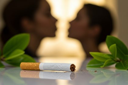 Cigaretta a pozadí dve ženy, symbolizujúci boj s fajčením a zlepšenie zdravia.