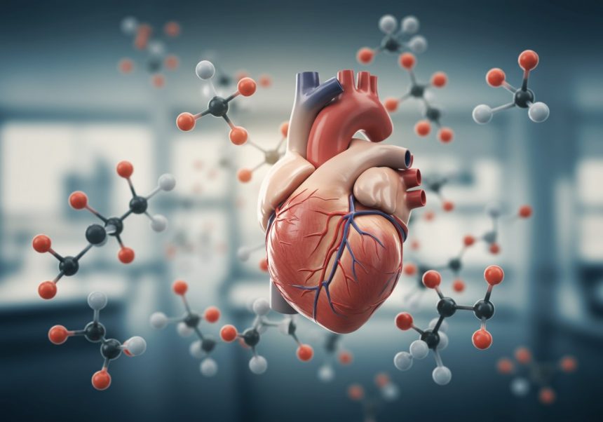 Anatomický model srdca obklopený molekulami, symbolizujúcimi koenzým Q10.