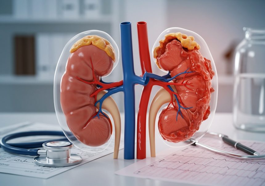 Anatomický model obličiek zobrazuje ich štruktúru a cievy.