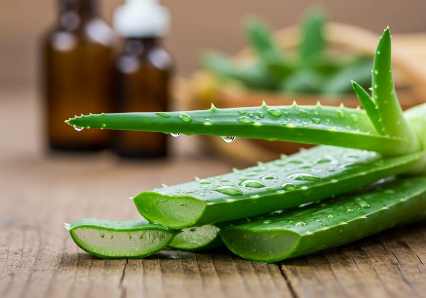 Čerstvé listy aloe vera s kvapkami vody na drevenom stole.