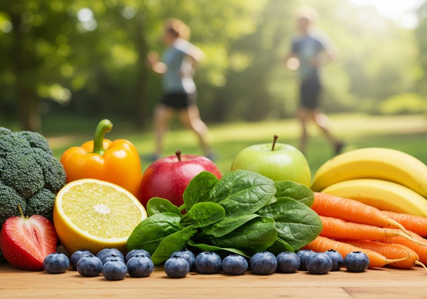 Rôzne druhy ovocia a zeleniny bohaté na antioxidanty, ako sú jablká, brokolica a čučoriedky.