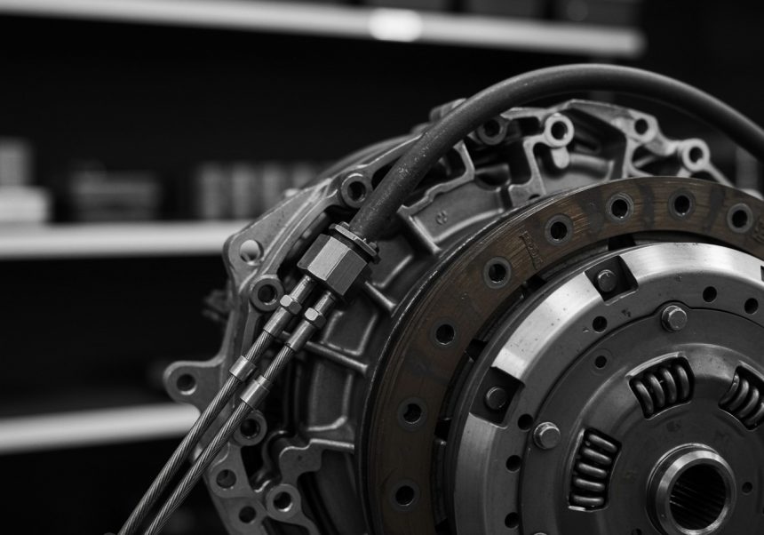 Detail automatického spojkového lanka pripojeného k motoru auta.