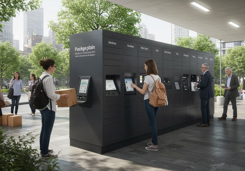 Žena vyzdvihuje balík z moderného balíkomatu v mestskom prostredí.