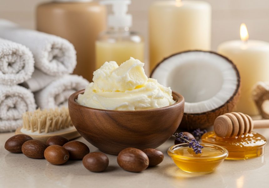 Miska s bambuckým maslom obklopená prírodnými ingredienciami a dekoráciami.