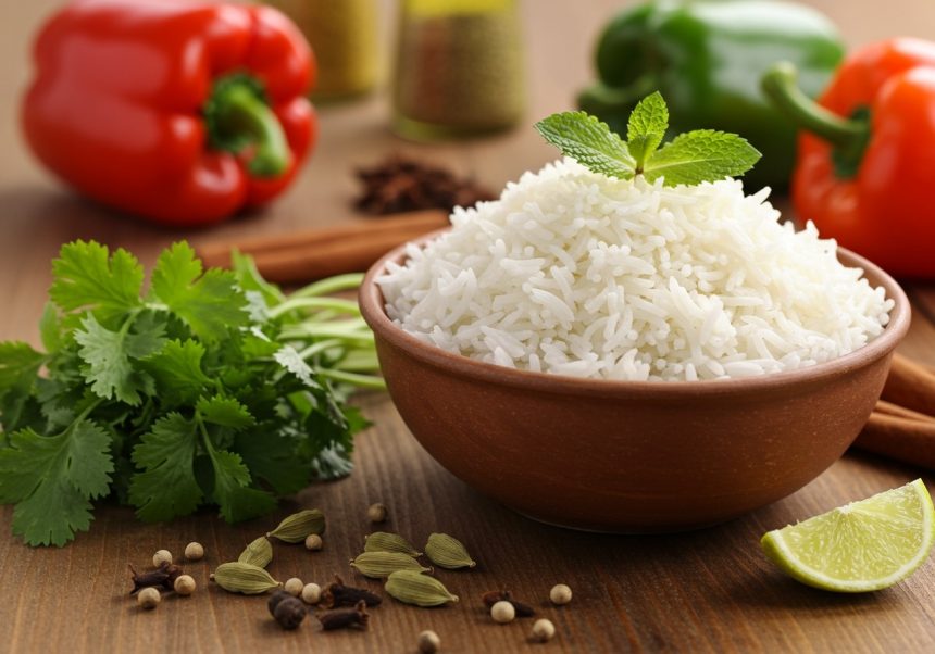 Miska basmati ryže s čerstvými bylinkami a korením na drevenom stole.