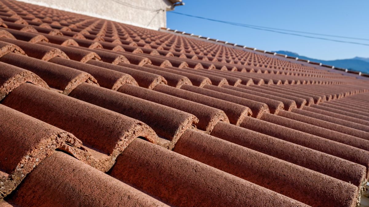 Detailný pohľad na betónovú strechu s vlnitými dlaždicami v slnečnom počasí.