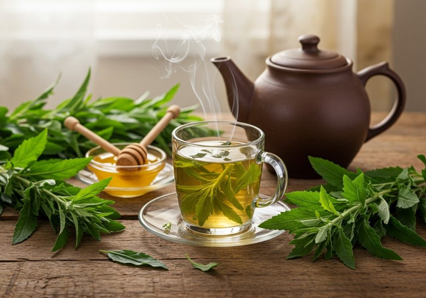 Šálka teplého čaju z tužebníka s bylinkami a medom na drevenom stole.