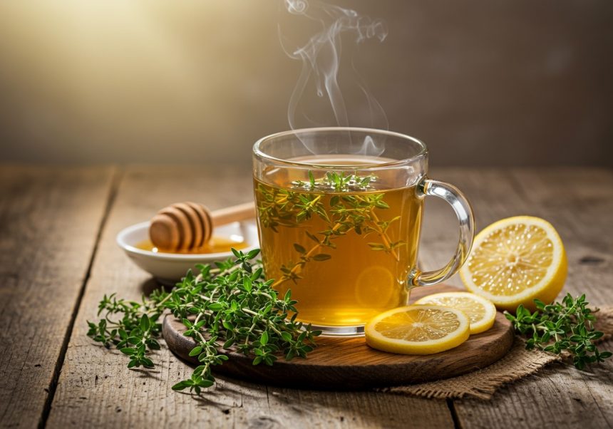 Šálka teplého tymiánového čaju s plátkami citróna a medom na drevenej doske.