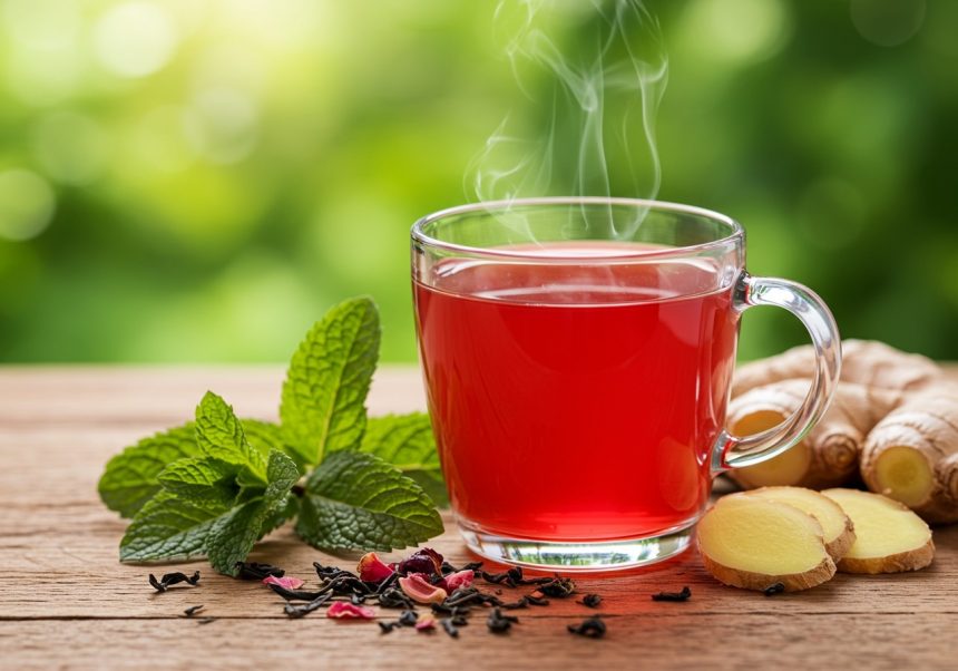 Hrnček červeného čaju s čerstvou mätou a zázvorom na drevenom stole.