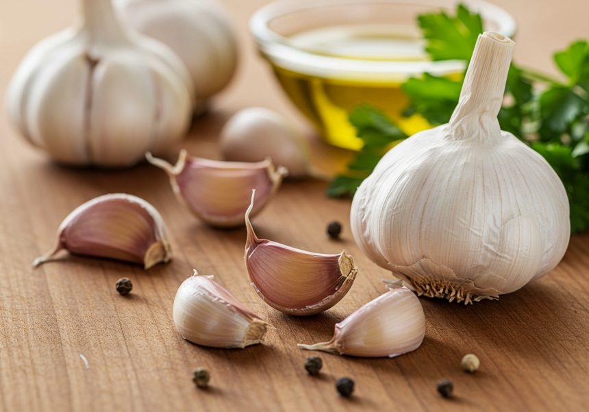 Cibule cesnaku a strúčiky na drevenej doske s olivovým olejom.