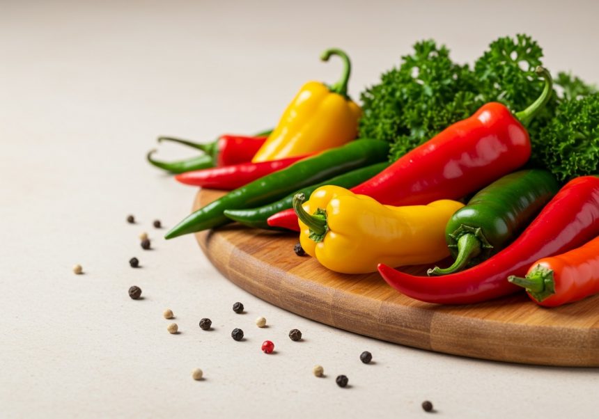 Rôzne druhy chilli papričiek a zeleniny na drevenej doske.