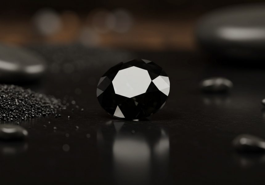 Čierny spinel, lesklý minerál, obklopený jemným čiernym pieskom a hladkými kameňmi.