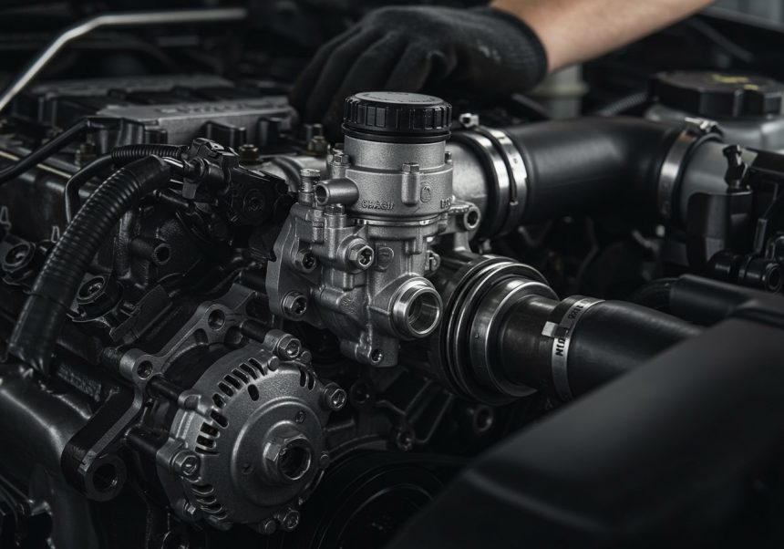 Detail EGR ventilu v dieselovom motore s viditeľnými komponentmi.