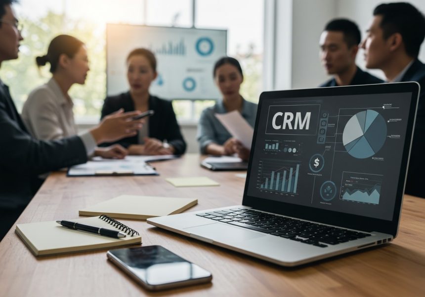 Zamestnanci diskutujú o CRM systémoch pri stole, s laptopom a grafmi.