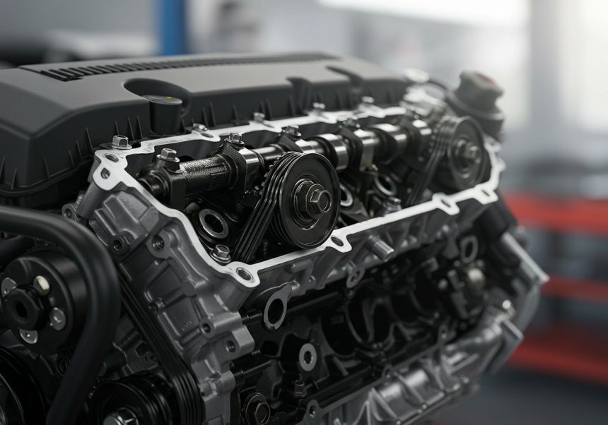 Detail motora s viditeľným časovaním ventilov a mechanizmom CVVT.