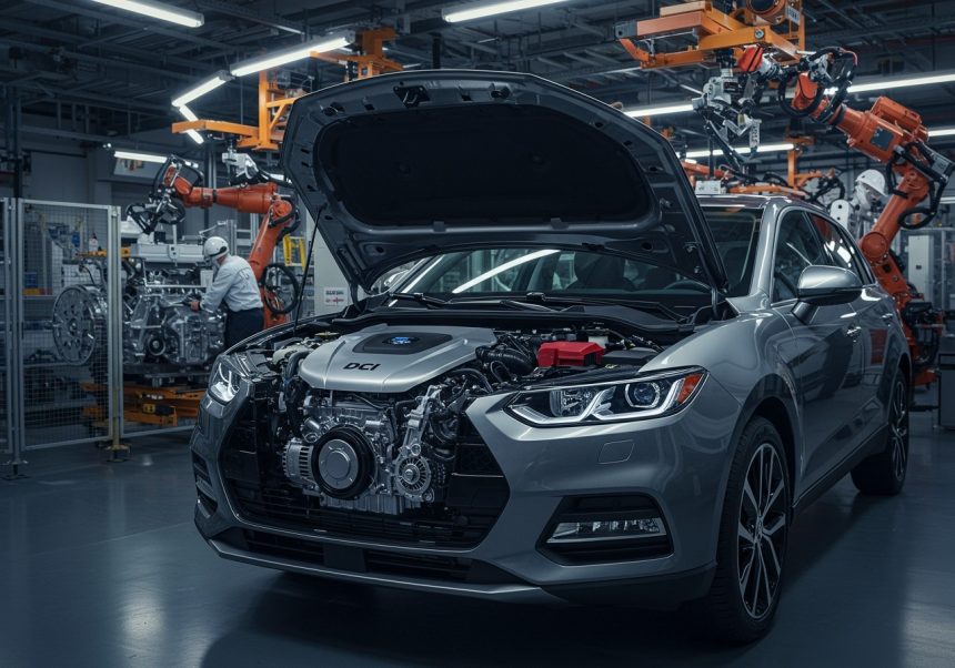 Moderné vozidlo s otvoreným motorovým priestorom a DCI motorom v automobilke.