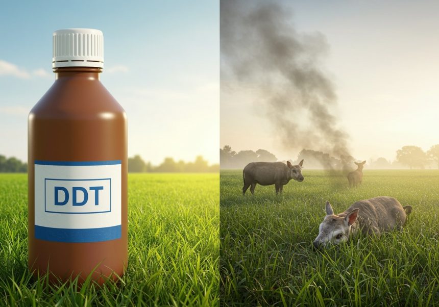 Fľaša DDT insekticídu na tráve, v pozadí zvieratá a dym.