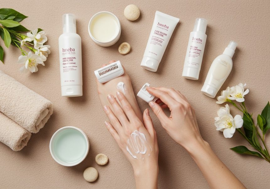 Rukou sa nanáša depilačný krém na pokožku, okolo sú kozmetické produkty.