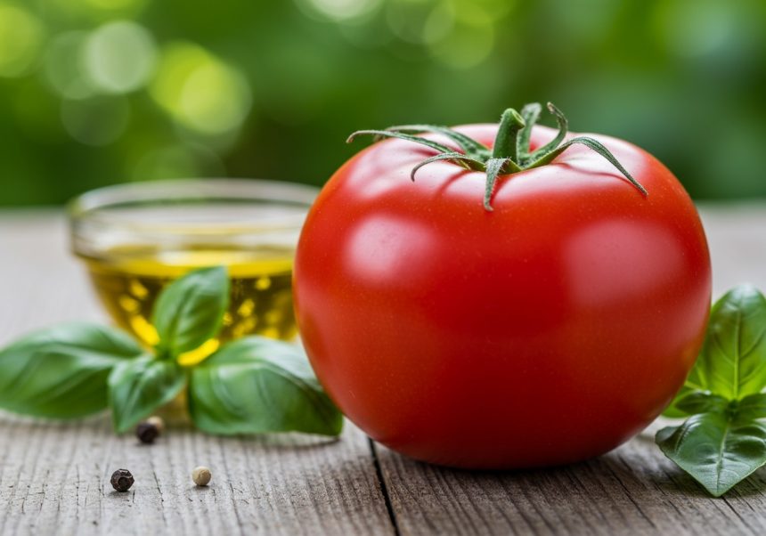 Čerstvý červený paradajok vedľa bazalky a olivového oleja na drevenom stole.