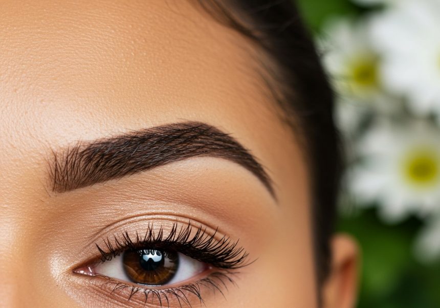 Detailný záber na perfektne tvarované obočie a oči s prirodzeným líčením.