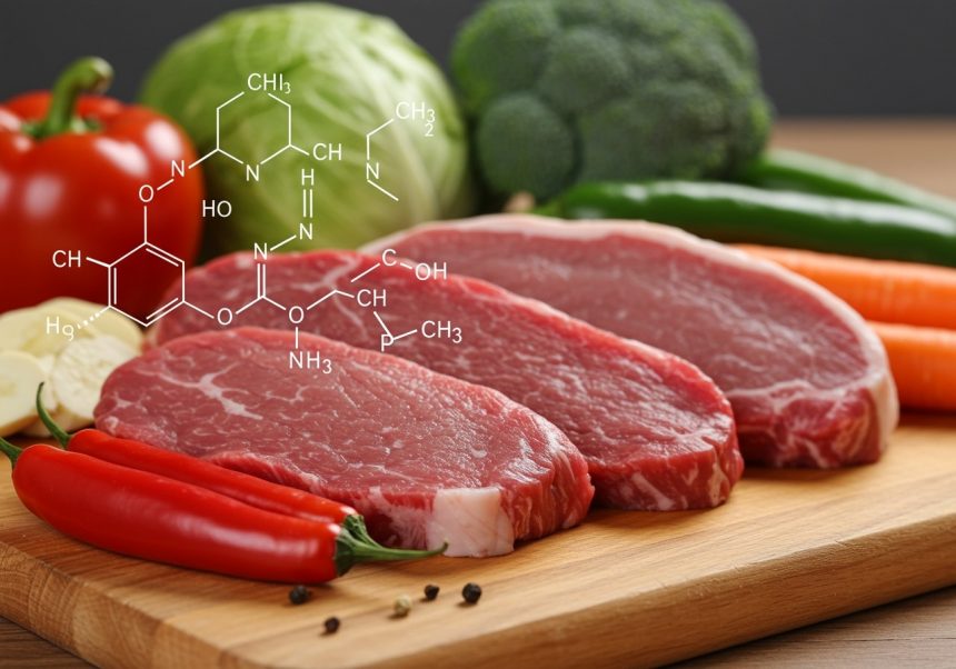 Na drevenej doske sú čerstvé kusy mäsa a zelenina, vedľa chemická štruktúra dusitanov.