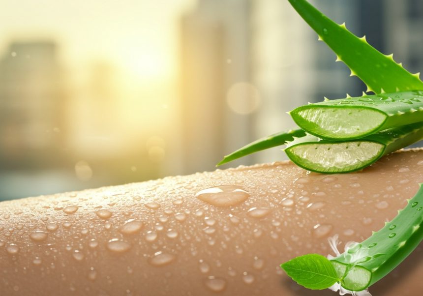 Pokožka s kvapkami vody a plátkami aloe vera na pozadí mestského prostredia.
