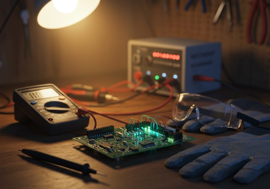 Pracovný stôl s elektrickými komponentmi, multimetrom a ochrannými pomôckami.