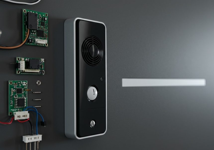 Elektrický zvonček s viditeľnými elektronickými súčiastkami na stene.