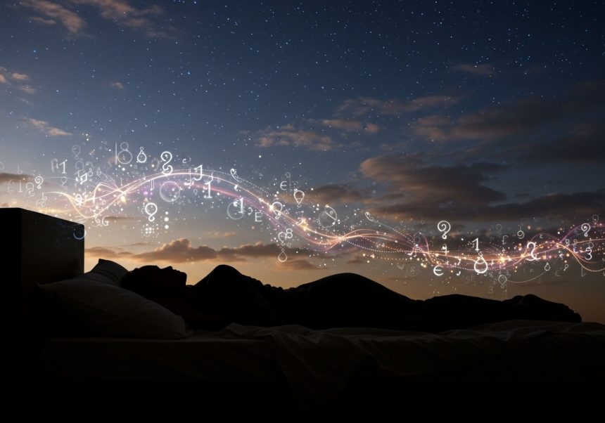 Osoba spí v posteli, nad ňou sa vznášajú abstraktné symboly a hviezdy.