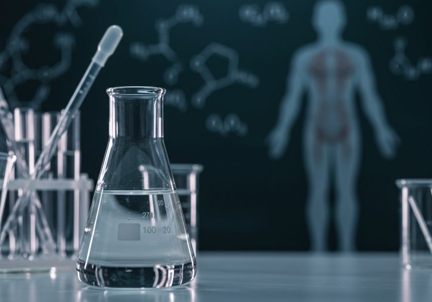 Sklenená nádoba s etyl-acetátom na laboratórnom stole s chemickými vzorcami v pozadí.
