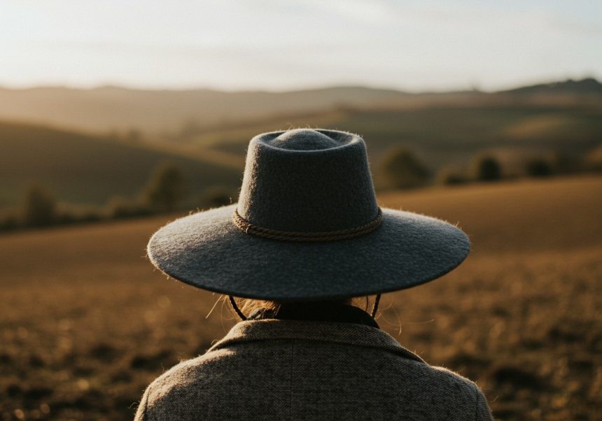 Osoba s klobúkom sleduje západ slnka nad rozľahlou krajinou.