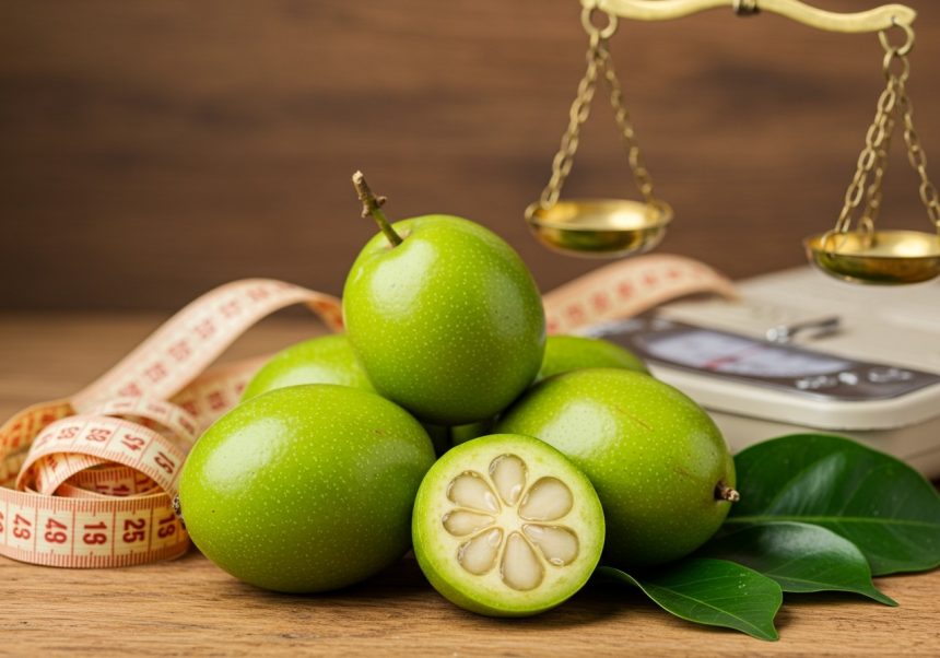 Zelené plody Garcinia Cambogia s meracou páskou a váhami na pozadí.