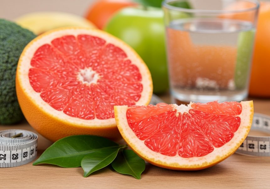 Čerstvý grapefruit rozkrojený na polovicu, obklopený zeleninou a pohárom vody.
