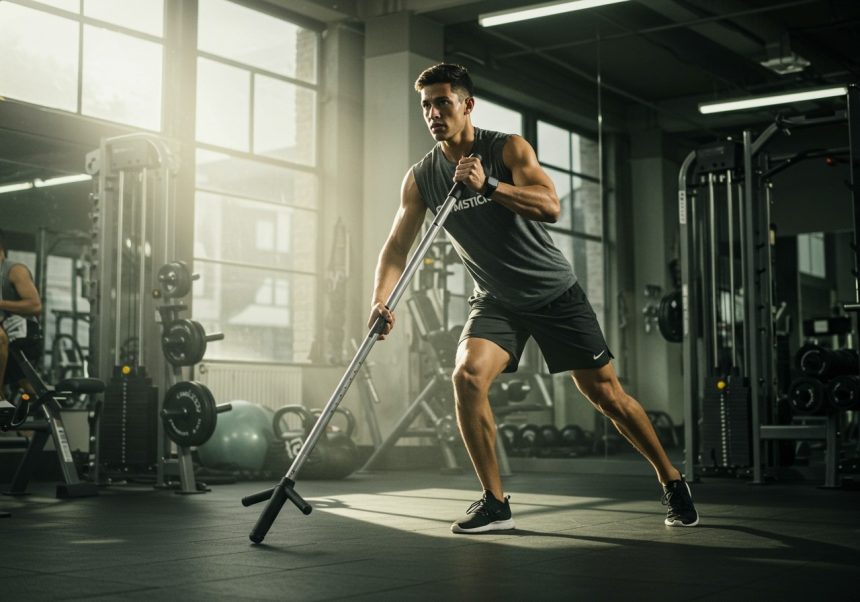 Mladý muž cvičí s Gymstickom v modernom fitness centre.