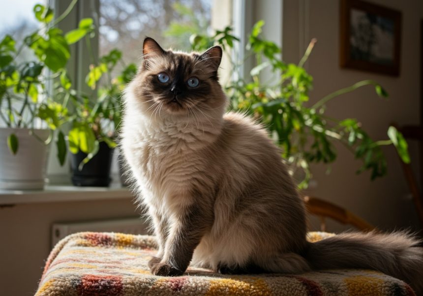 Himalájska mačka s modrými očami sedí na útulnej deke pri okne.