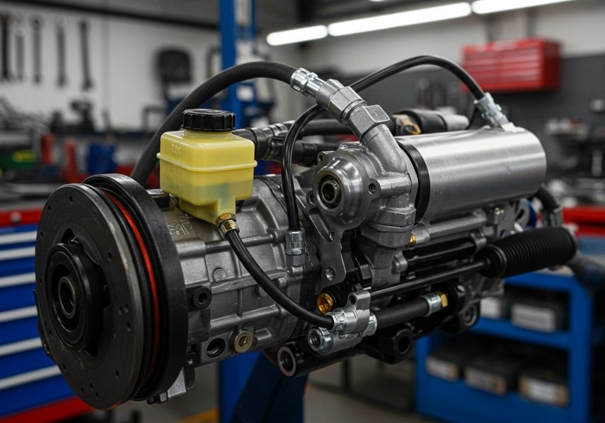 Detail hydraulického posilňovača riadenia s nádržkou na kvapalinu a hadicami.