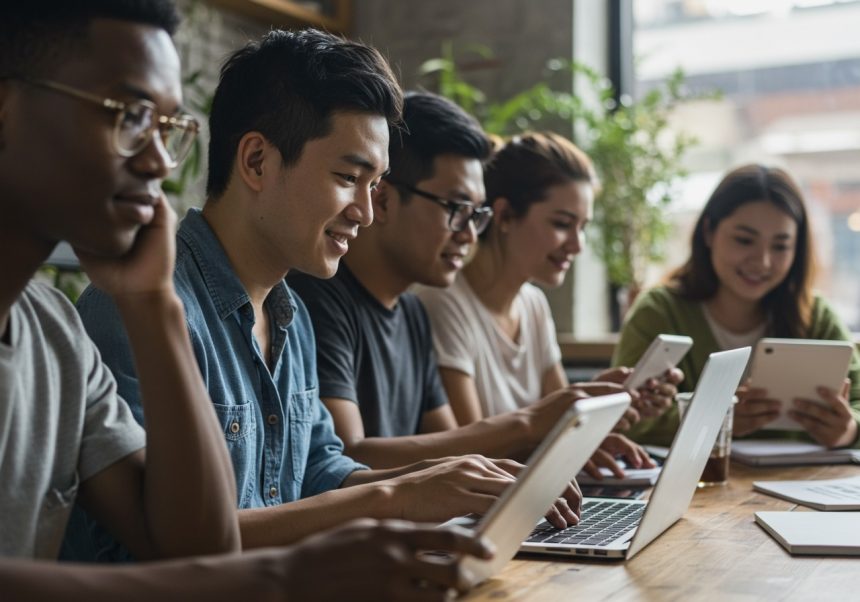 Skupina mladých ľudí pracuje na laptopoch a mobilných zariadeniach v kaviarni.