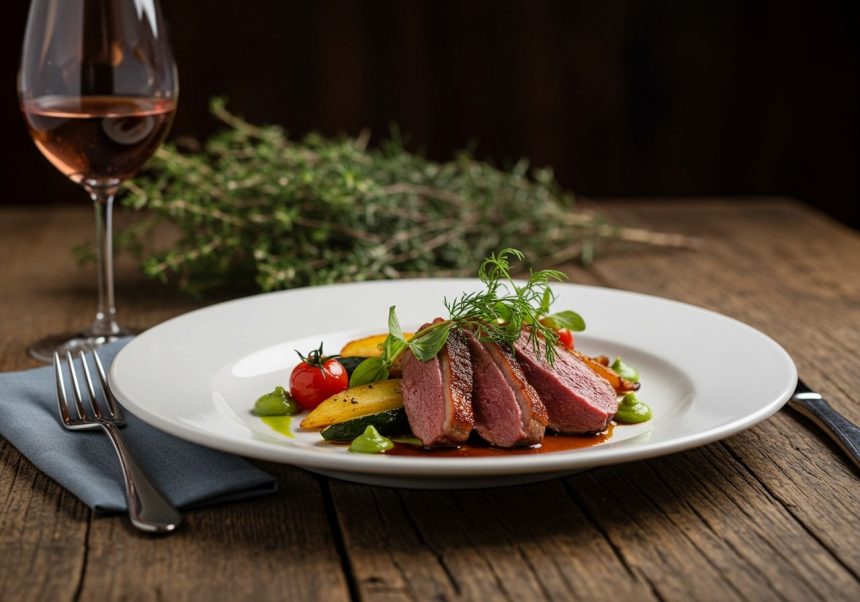 Tanier s kačacím mäsom, zeleninou a omáčkou, elegantne servírovaný.