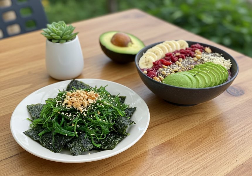 Tanier so šalátom z morských rias a ovocnou miskou na drevenom stole.
