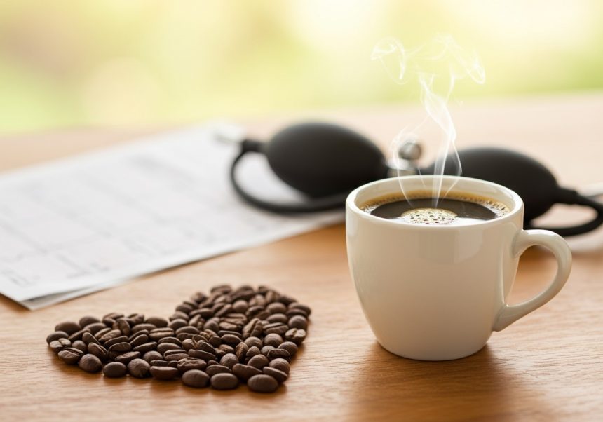 Šálka horúcej kávy vedľa srdca vytvoreného z kávových zŕn a stetoskopu.