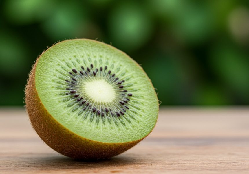 Prekrojený kivi s jasne zelenou dužinou a čiernymi semienkami.