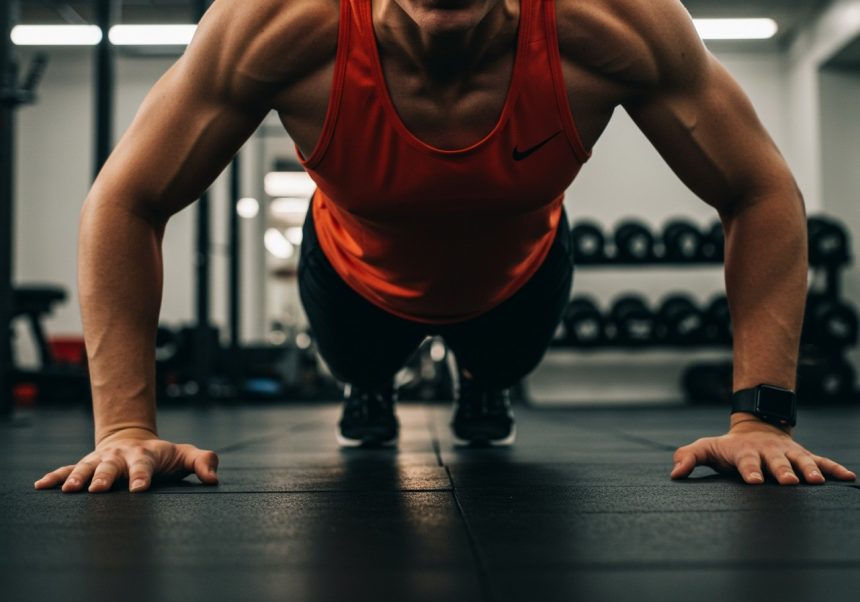 Osoba vykonáva kliky a zameriava sa na správnu techniku v posilňovni.