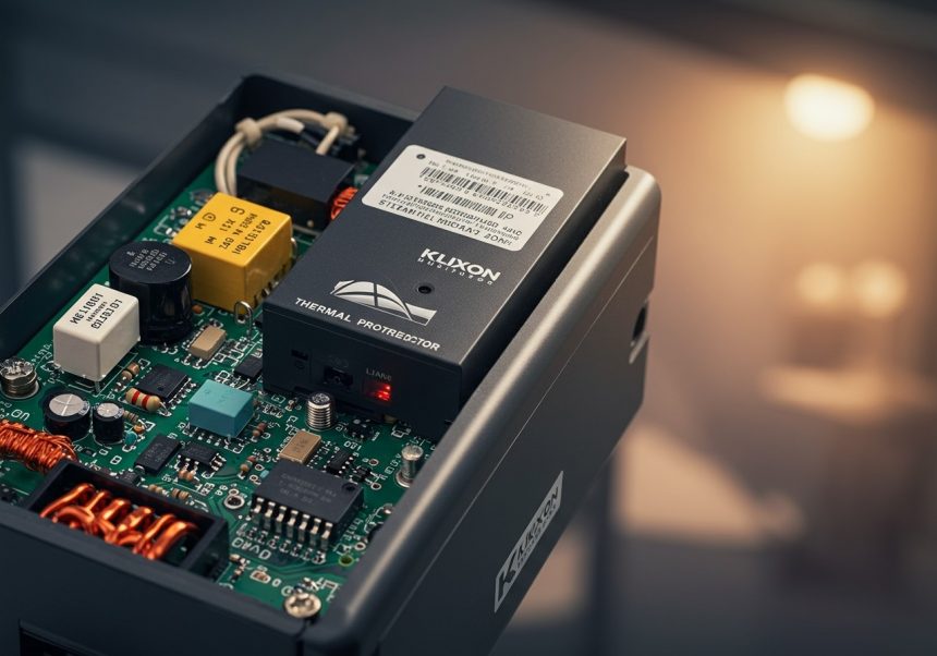 Detailný pohľad na klixon, tepelného ochranného prvku v elektronike.
