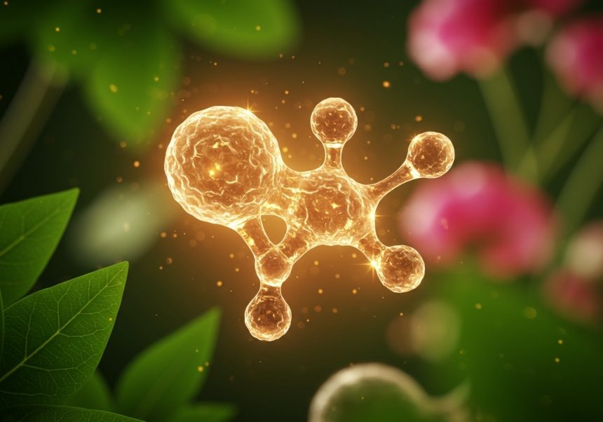 Molekula kolagénu žiariaca na pozadí zelených listov a kvetov.