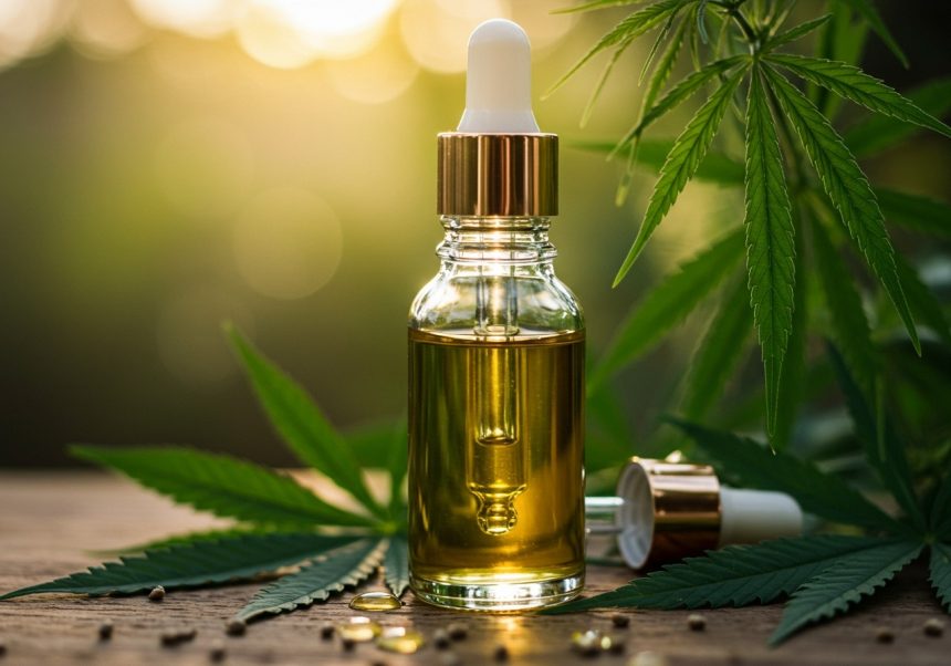 Fľaša konopného oleja s pipetou na drevenej doske, obklopená konopnými listami.
